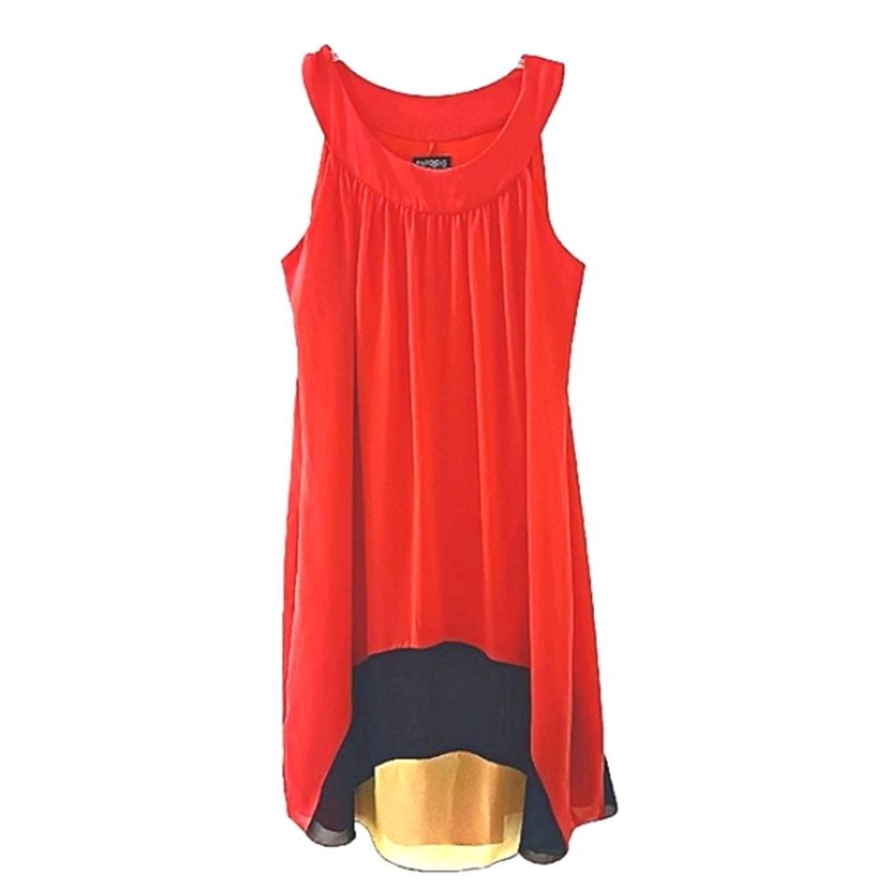 ENFOCUS Studio RED ORANGE Flowy Dress Sz 10 Sleeveless Color block Cocktail